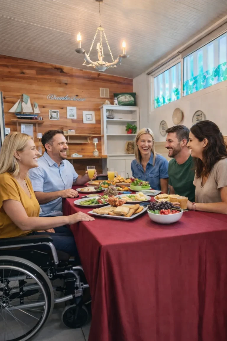 Família reunida à mesa de jantar em apartamento acessível em Quarteira com pessoa em cadeira de rodas.