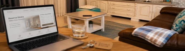 Portátil com a página de reserva direta da Bambus House Holidays Rental em Quarteira mostrando como reservar apartamento para férias sem erros.